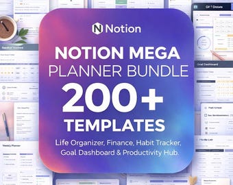 Paquete Mega de Notion Planner, más de 200 plantillas de Notion, organizador de vida, rastreador de hábitos, planificador financiero, panel de objetivos, sistema de productividad