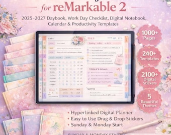 Planificador diario reMarkable 2 2025-2027, Planificador digital con hipervínculos, Planificador diario de trabajo, Cuaderno calendario, Plantillas de productividad
