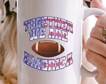 Taza "Juntos somos América", taza de café con temática de fútbol patriótico, taza de café americana vintage, artículos deportivos para el 4 de julio, taza para el día del juego
