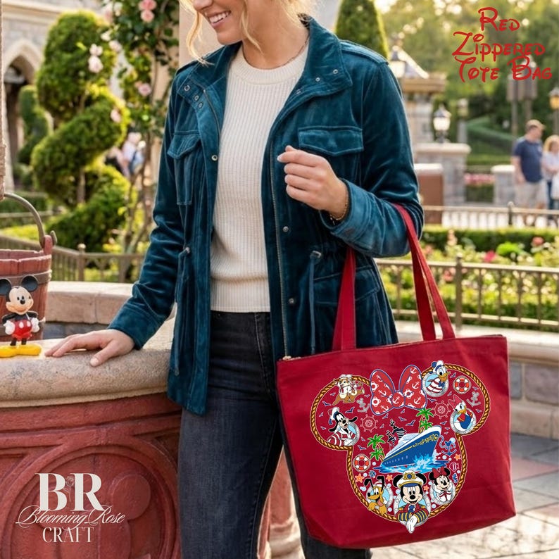 Puede incluir: Un bolso tote rojo con cremallera que presenta un gran gr&aacute;fico con forma de Mickey Mouse lleno de ilustraciones de personajes de Disney, un crucero y motivos n&aacute;uticos. El texto Red Zippered Tote Bag aparece en la esquina superior derecha.