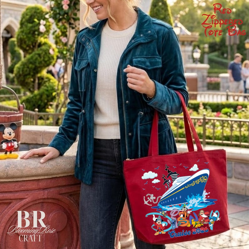 May include: A red zippered tote bag featuring a graphic of a cruise ship on the water, surrounded by cartoon characters and the text Disney Cruise 2026. The bag has two red shoulder straps and a gold-toned zipper closure along the top edge.