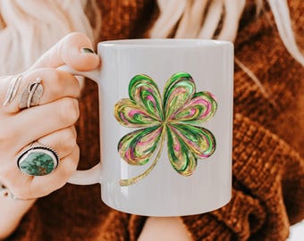 Taza de trébol de la suerte, taza del Día de San Patricio, regalo para la fiesta de San Patricio, taza de café con trébol de cuatro hojas de colores, artículos para beber con temática retro irlandesa.
