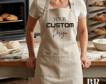 Personalized Logo Apron, Custom Kitchen Apron with Pockets, Customized Print Apron, Chef Gift, Apron for Bakers, Crafters, Chefs, Mom Gift