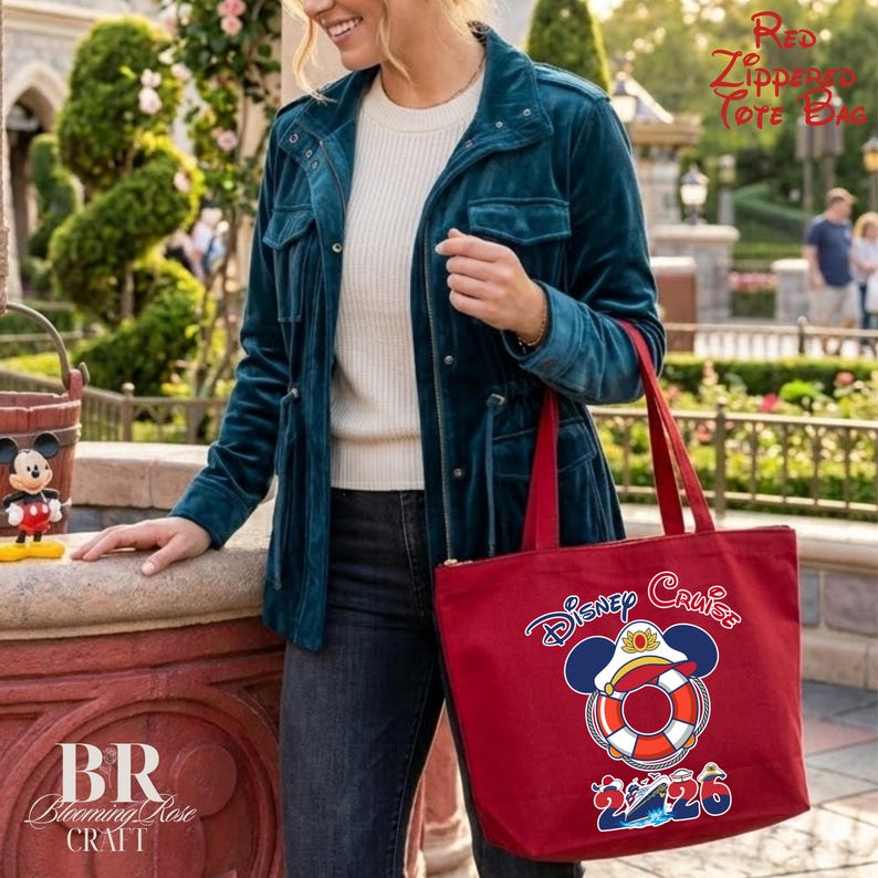 Puede incluir: Un bolso tote de lona roja con cierre de cremallera, que presenta un gr&aacute;fico de un salvavidas con forma de orejas de Mickey Mouse con gorra de capit&aacute;n, con el texto Disney Cruise y los n&uacute;meros 2026 impresos en blanco, azul y rojo.
