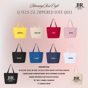 May include: A collection of zippered tote bags in various colors: yellow, natural, red, pink, black, royal blue, navy, and white. Each bag has a large main compartment, a zippered flap pouch pocket, and 25-inch handles. The handle drop is 11 inches.