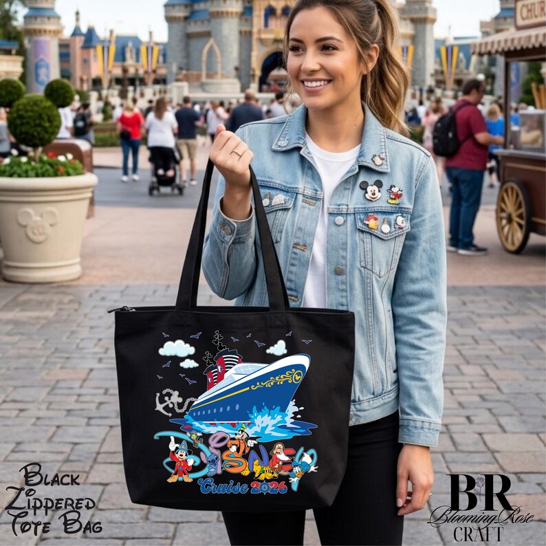 May include: A black canvas tote bag with a zipper closure, featuring a graphic of a cruise ship on blue water, an anchor, and various cartoon characters. The text "Cruise 2025" is printed in a stylized blue font below the ship illustration.