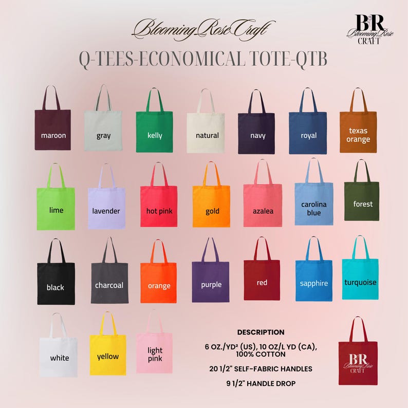 Peut inclure: Collection de sacs fourre-tout en coton de diff&eacute;rentes couleurs, dont le bordeaux, le gris et le marine. Les sacs ont des anses en tissu et portent l'inscription "Q-TEES-ECONOMICAL TOTE-QTB". Les anses mesurent 52 cm.