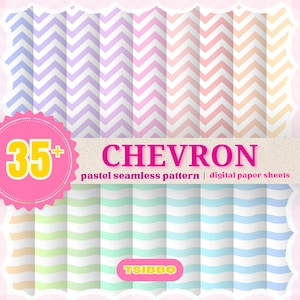 Può includere: Una collezione di fogli di carta digitale con motivi a chevron e onde dai colori pastello. La tavolozza dei colori comprende sfumature di viola, rosa, pesca, verde, menta e blu. La parola "CHEVRON" è visualizzata in rosa, con il testo "pastel seamless pattern | digital paper sheets".