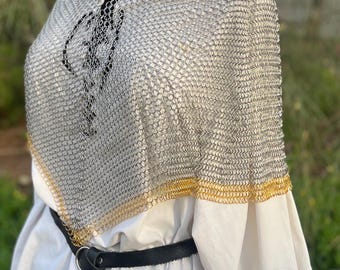 Handmade Chainmaille Mantle & Shoulder Drape – Stainless Steel with Brass Trim - Medieval Fantasy Armor