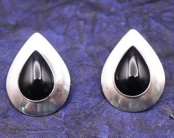 Vintage Navajo druppelvormige zilveren oorbellen met onyx