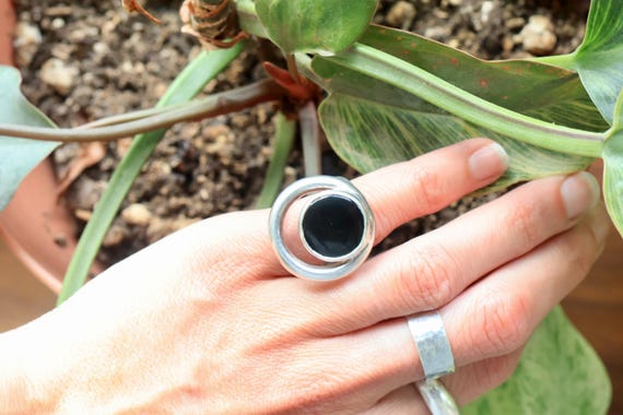 Black Onyx Circular Silver Statement Ring - image 4