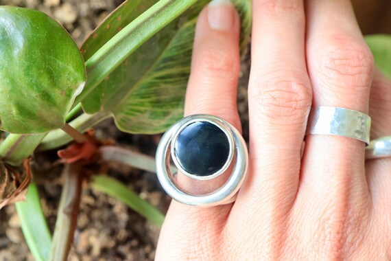 Black Onyx Circular Silver Statement Ring - image 3