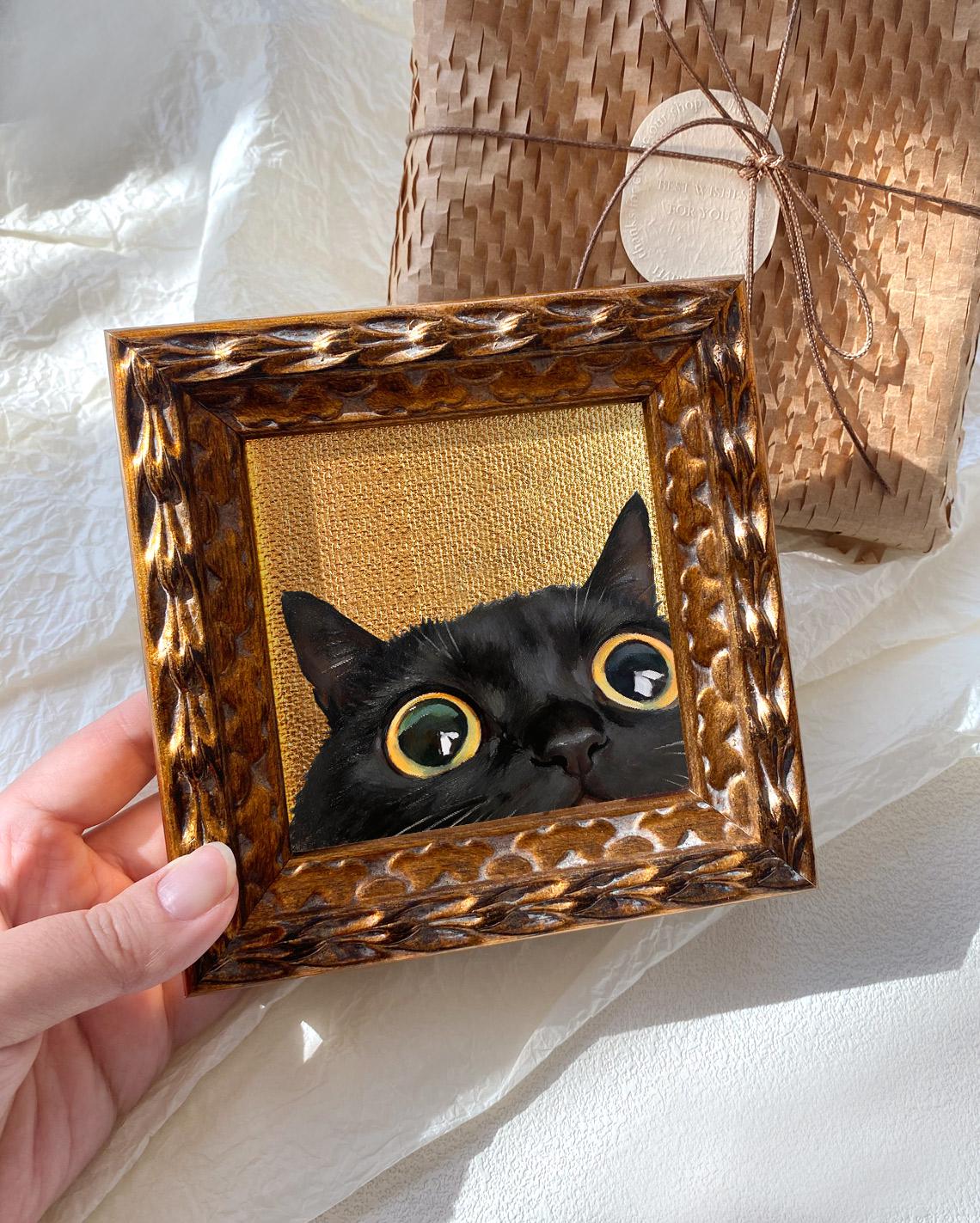 Mini Black Cat Gold Foil Framed Art "hello, There!" – Hand Painted Oil ...