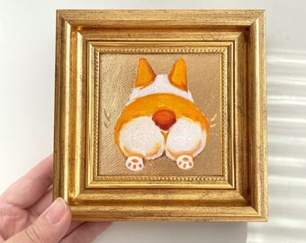 Mini Corgi dipinto ad olio, ritratto originale di animale domestico, opera d'arte canina incorniciata, regalo per gli amanti dei cani