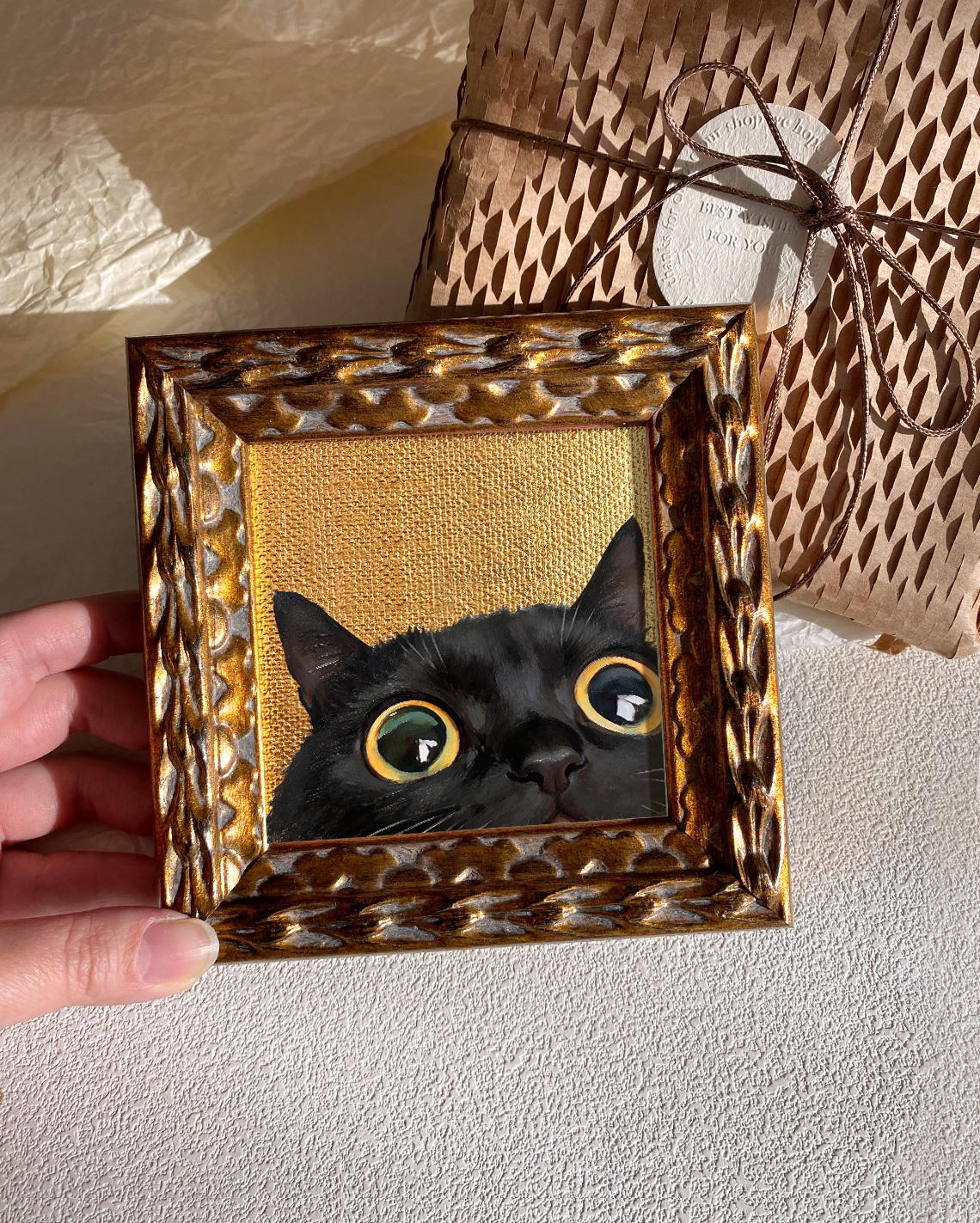 Mini Black Cat Gold Foil Framed Art "hello, There!" – Hand Painted Oil ...
