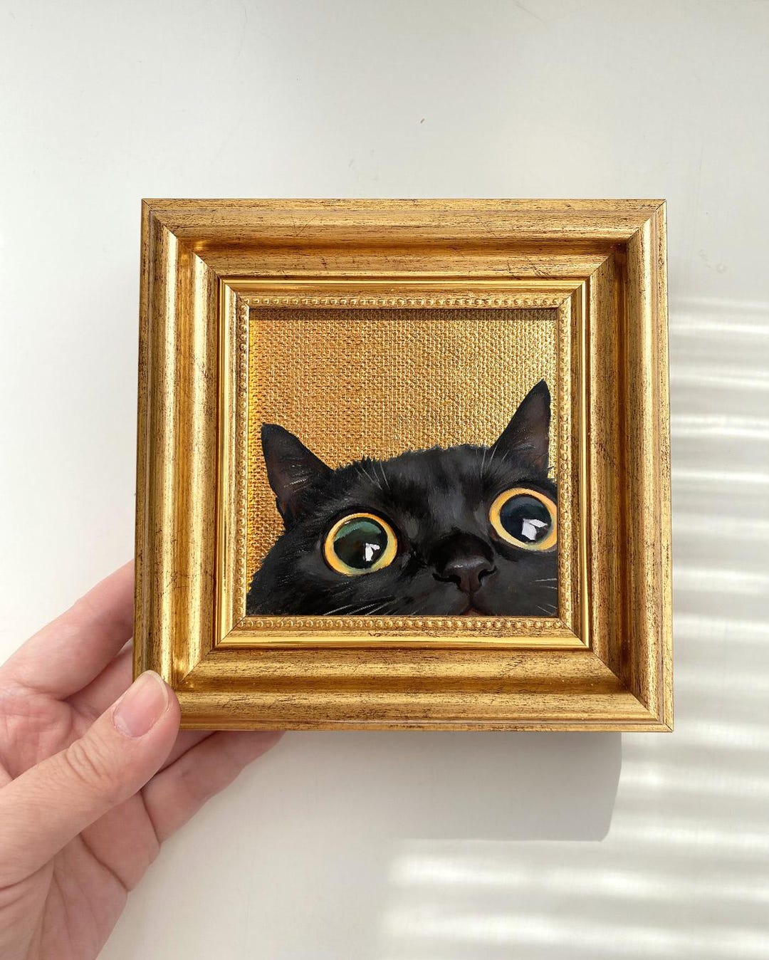 Mini Black Cat Gold Foil Framed Art "hello, There!" – Hand Painted Oil ...