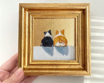 Mini Corgi dipinto ad olio, ritratto di animale domestico dipinto a mano, arte canina con foglia d'oro, decorazione murale incorniciata