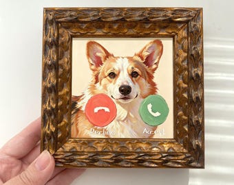 4x4 Hand Painted Oil Painting "Should I Pick Up? Corgi" – Mini Framed Art, Funny Pet Portrait Decor, Gift for Corgi Lovers