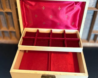 Vintage Cream Colored Jewelry Box - Circa 1960s - Red Satin & Velvet Lining - Mid Century Decor