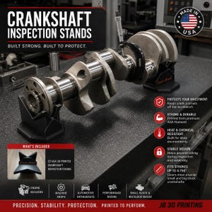 May include: Two black 3D-printed crankshaft inspection stands supporting a metal engine crankshaft. A micrometer is positioned on the crankshaft. Text includes CRANKSHAFT INSPECTION STANDS, BUILT STRONG. BUILT TO PROTECT, and FITS STROKES UP TO 4.750".