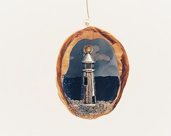 Mini Lighthouse Ocean Scene Walnut Shell Ornamemt - Vintage Christmas Ornament Retro Style