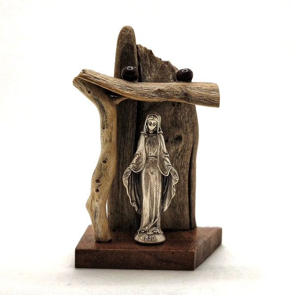 Mini Driftwood Shrine with Saint Mother Mary Pocket Statue