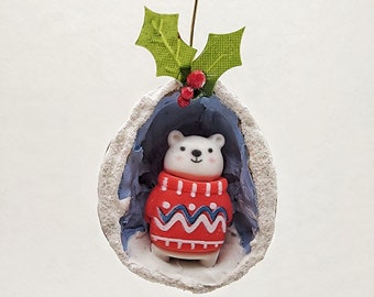 Polar Bear in Christmas Sweater Walnut Ornament - Mini Vintage Retro Style Holiday Gift Real Walnut Shell Miniature Christmas Ornament