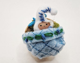 Mini Baby Gnome Walnut Ornament - Woodland Fairy Retro Vintage Christmas Ornament in Real Walnut Shell - Embroidered Baby's First Christmas