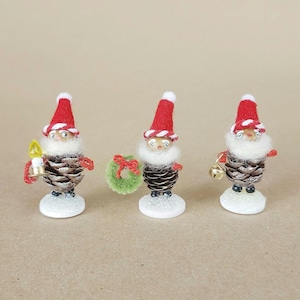 SET OF 3 Mini Pinecone Christmas Elves, Retro Vintage Style Pinecone Christmas Ornament Santa Elf Inspired by 1950s Putz Holiday Gnomes