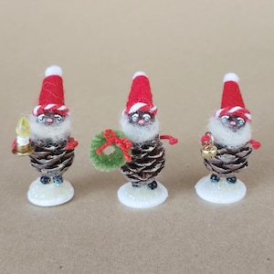 SET OF 3 Mini Pinecone Christmas Elves, Retro Vintage Style Pinecone Christmas Ornament Santa Elf Inspired by 1950s Putz Holiday Gnomes