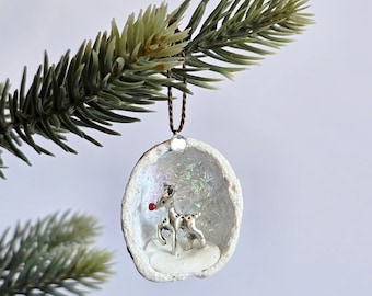 Mini Reindeer Winter Scene Walnut Shell Ornament - Vintage Christmas Ornament Retro Style Wonderland Deer
