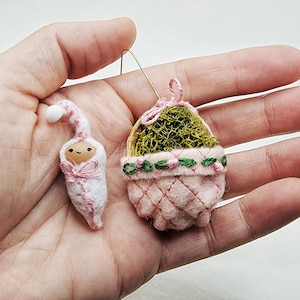 Mini Baby Gnome Walnut Ornament - Woodland Fairy Retro Vintage Christmas Ornament in Real Walnut Shell - Embroidered Baby&#39;s First Christmas