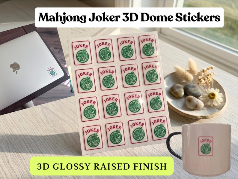 May include: A sheet of 3D dome stickers with a glossy raised finish, featuring a Mahjong Joker design. The stickers are displayed next to a matching mug and a laptop with a sticker on it. The text "Mahjong Joker 3D Dome Stickers" is at the top.