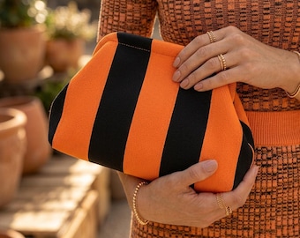Halloween Knitted Mahjong Tile Bag, Fall Pumpkin Orange Black Stripes