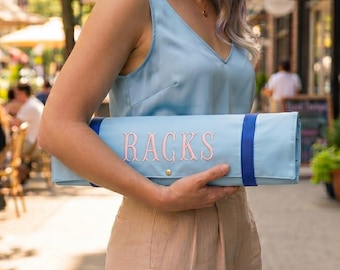 Baby Blue Custom Embroidered Mahjong Rack Bag, Padded Organizer Case, Fishtail Font Name Storage