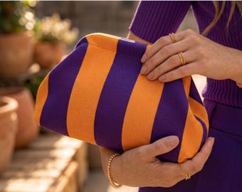 Striped Knitted Mahjong Tile Bag, Deep Purple Yellow Clutch, Gift for her