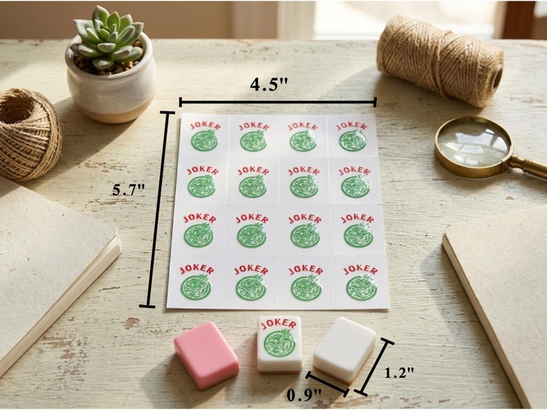 May include: A collection of game pieces and accessories on a wooden surface. A 4.5" x 5.7" sheet of stickers with "JOKER" text and a green graphic is present. Three game pieces are also visible, along with a magnifying glass and a small succulent plant.