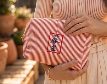2026 Mahjong-inspired Embroidery label Bag, Striped Seersucker Clutch, Chic Mahjong storage bag