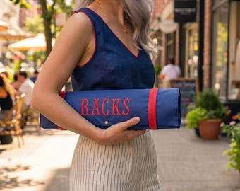 Navy Blue Custom Embroidered Mahjong Rack Bag, Padded Organizer Case, Fishtail Font Storage