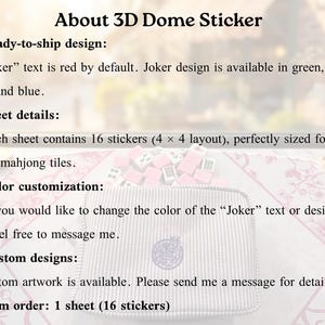 May include: Text on a white background reads "About 3D Dome Sticker" with details on ready-to-ship designs, sheet details, color customization, and custom designs. The "Joker" text is red by default.
