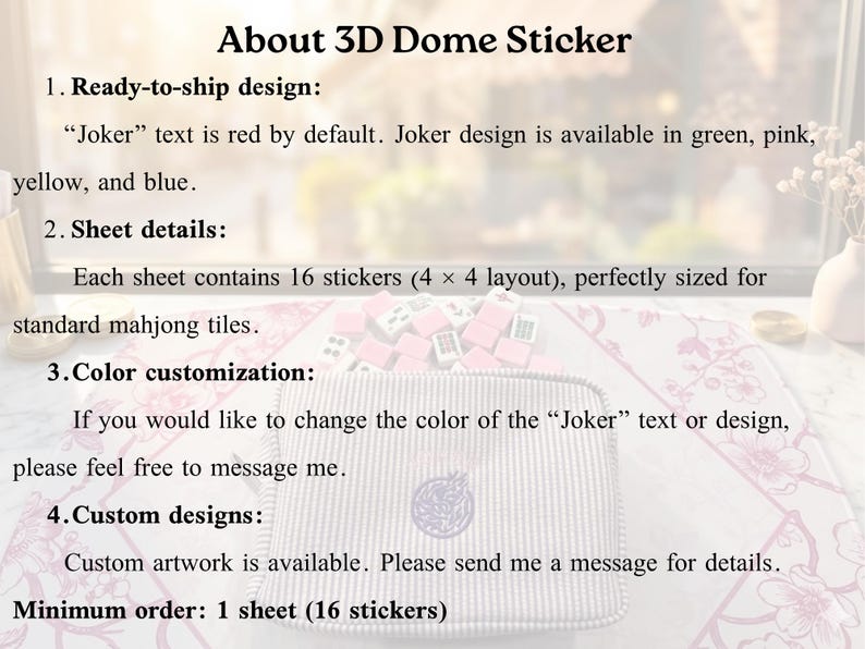 May include: Text on a white background reads "About 3D Dome Sticker" with details on ready-to-ship designs, sheet details, color customization, and custom designs. The "Joker" text is red by default.