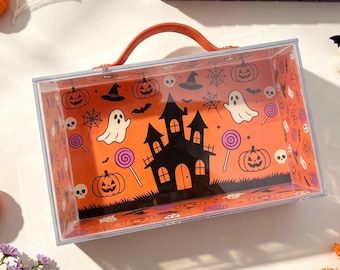 Halloween Acrylic Mahjong Tile Storage Box, Spooky Haunted House Design, Gift for Mahjong Lovers