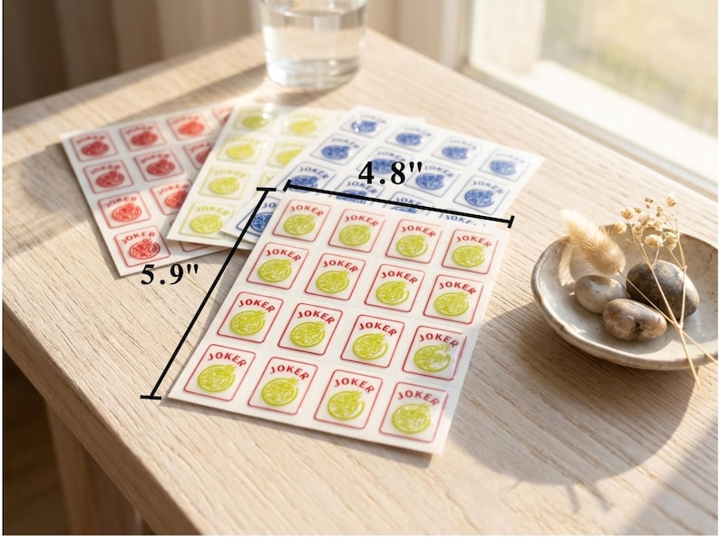 May include: Sheets of stickers with a playing card theme. Each sheet is approximately 5.9 inches by 4.8 inches. The stickers feature a joker card design with a green lemon illustration and the word "JOKER".