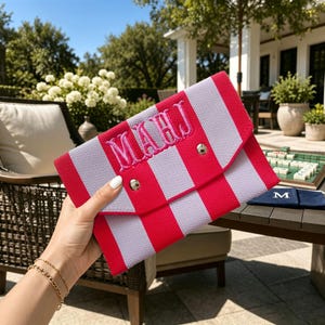 Knitted Mahjong Pouch, Striped Card Organizer, Colorful Mahjong Case, Gift for her Berry / Lilac
