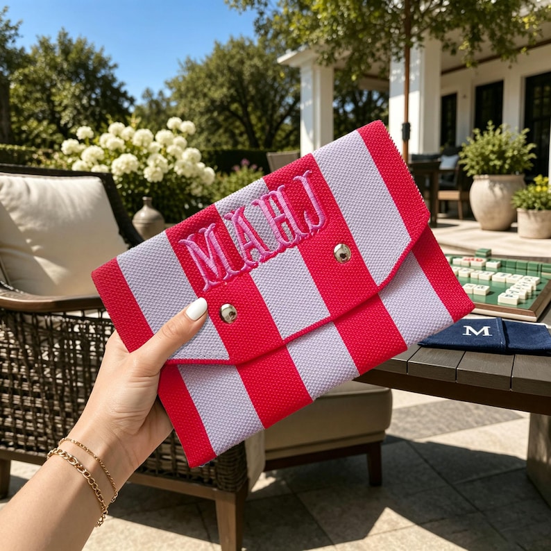 Knitted Mahjong Pouch, Striped Card Organizer, Colorful Mahjong Case, Gift for her Berry / Lilac