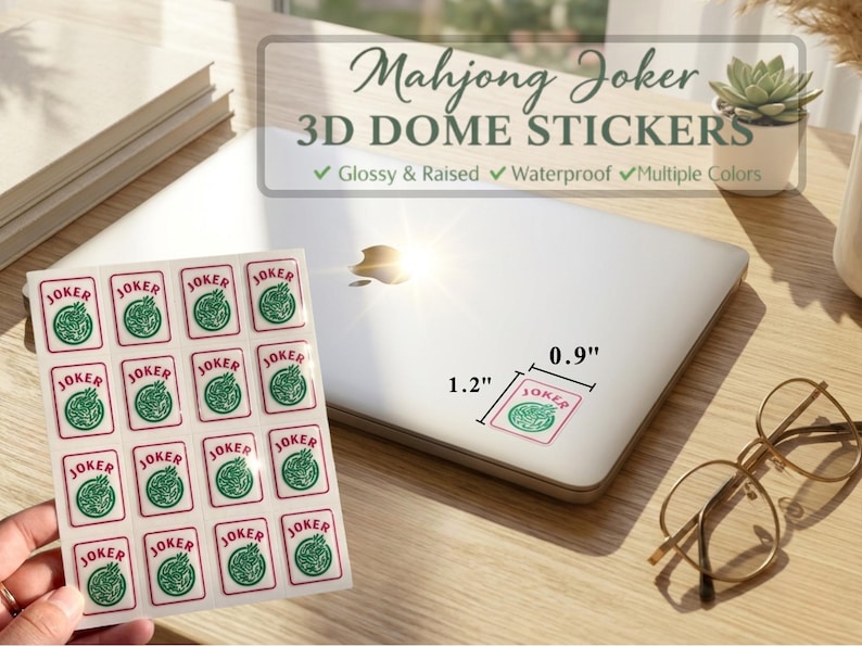 May include: A sheet of glossy, raised, waterproof 3D dome stickers with a Mahjong Joker design. Each sticker is 1.2 inches by 0.9 inches and features a red border, the word "JOKER", and a green graphic. The stickers are on a white background.