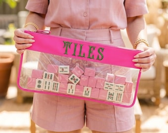 Embroidered Clear Mahjong Tile Bag – Large Set Storage Case, Custom Fishtail Font “TILES”