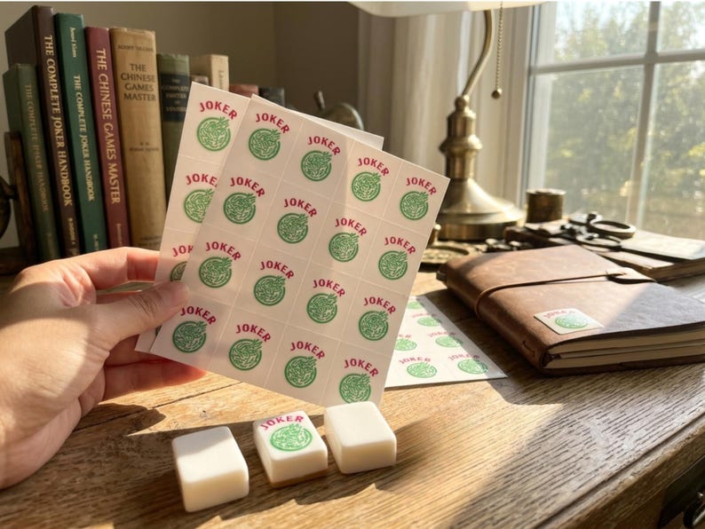 May include: Sheets of stickers and three tiles for a Mahjong game. The stickers have a green circular design with the word "JOKER" in red. The tiles are white with a green design.