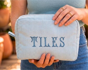 Embroidered Mahjong Seersucker Bag, Striped Tile Pouch, Mother's Day gift