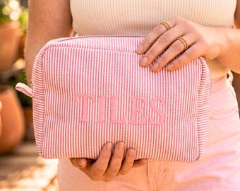 Embroidered Mahjong Seersucker Bag, Striped Tile Pouch, Cosmetic Organizer, Mother's Day Gift
